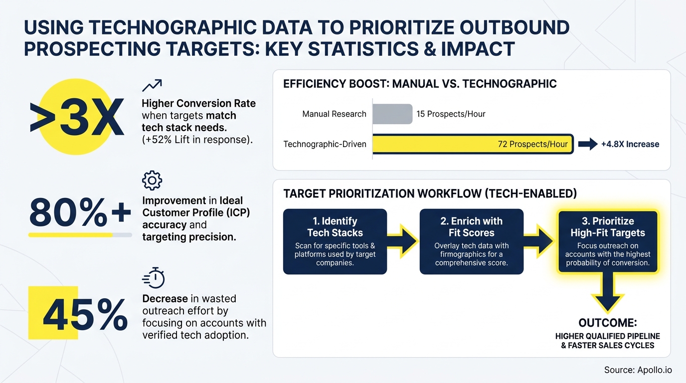 An infographic showing statistics, efficiency boost, and a tech-enabled workflow for prioritizing prospecting targets.