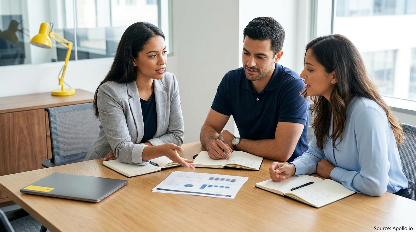 Three professionals discussing data at a modern office table with notebooks and a laptop.