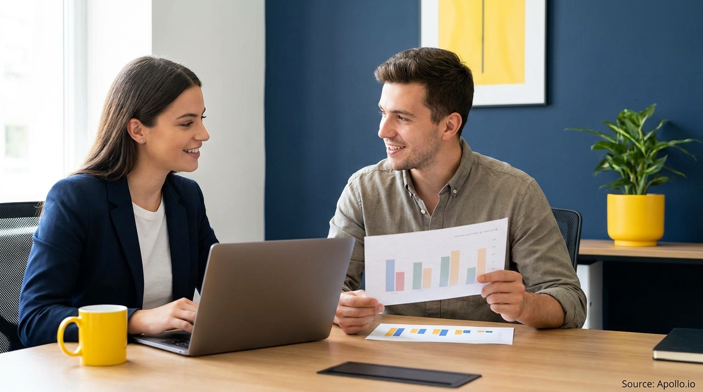 Two smiling businesspeople review charts and a laptop at a modern office desk.