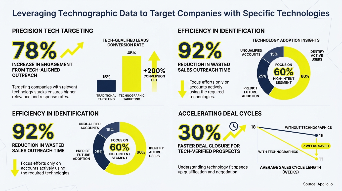 An infographic details the benefits of technographic data in improving sales targeting, identification, and deal cycles.