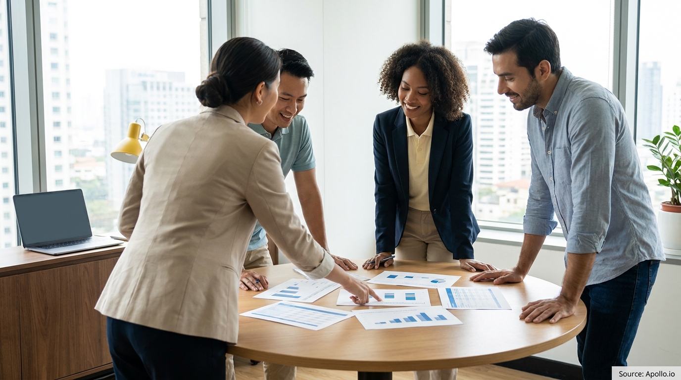 Four professionals discuss documents with charts around a table in a modern office.