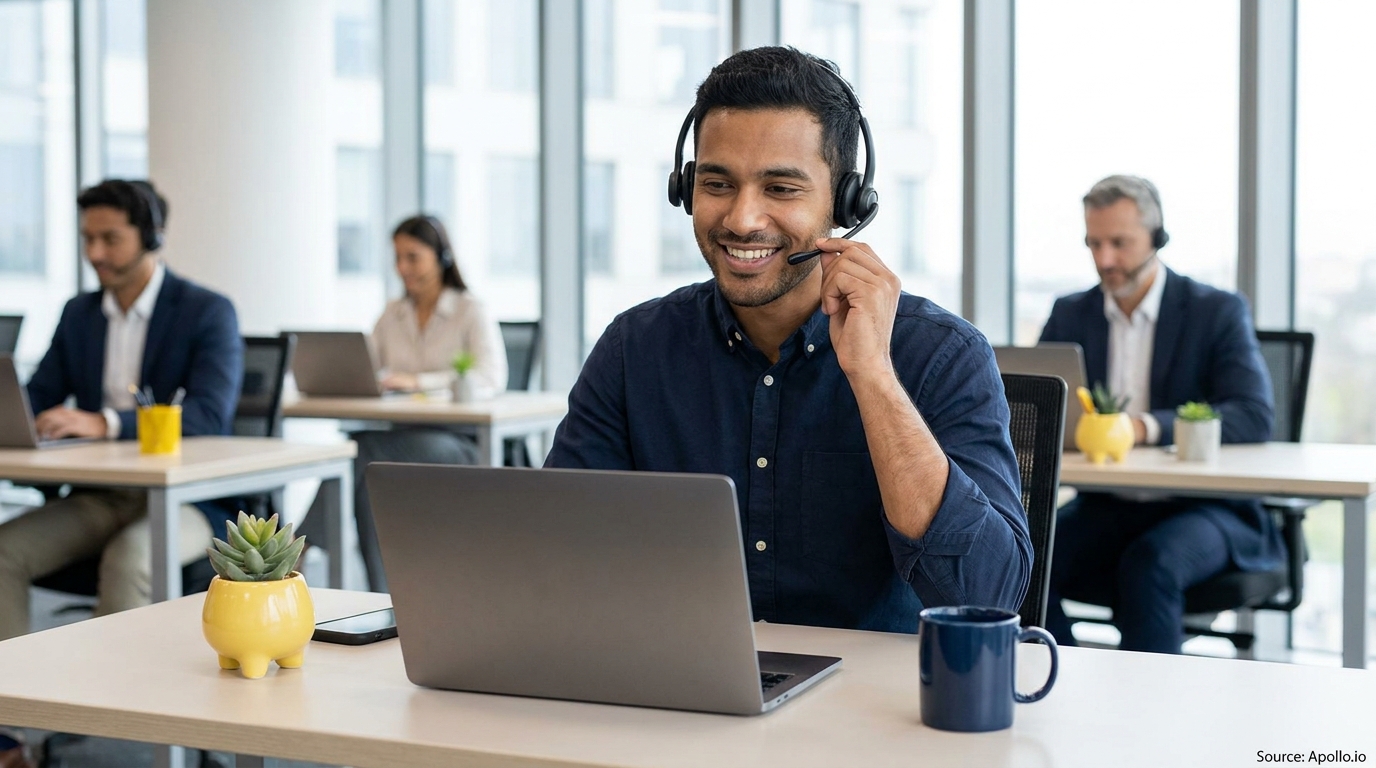 Four call center agents with headsets using laptops at desks in a modern office.