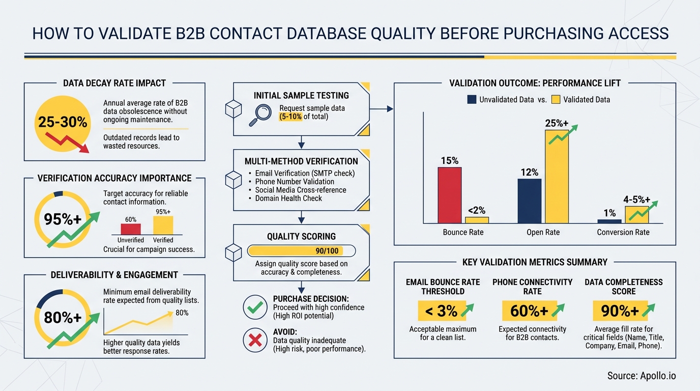 Infographic showing steps to validate B2B contact database quality, performance benefits, and key metrics.