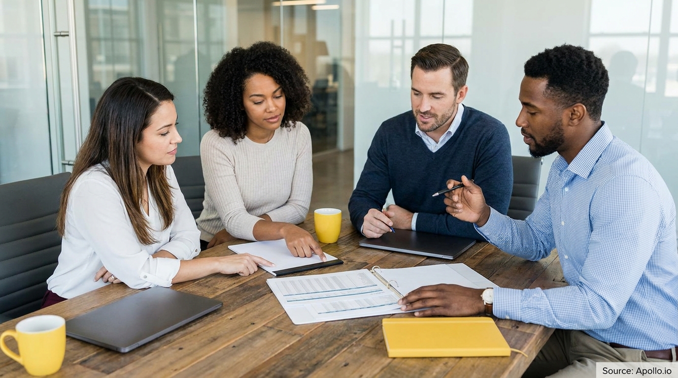 Four professionals review data documents and discuss at a modern office table.