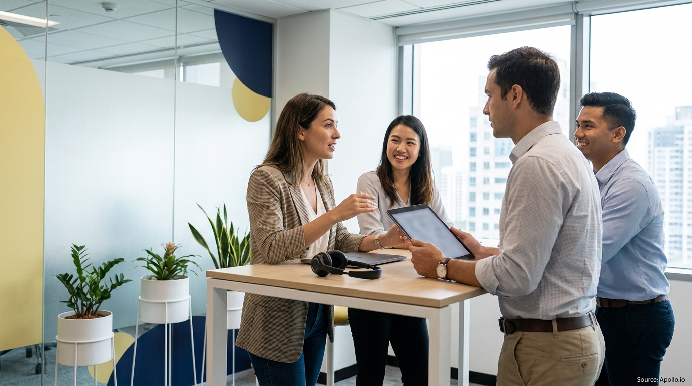 Four professionals discuss ideas around a standing table in a bright, modern office.