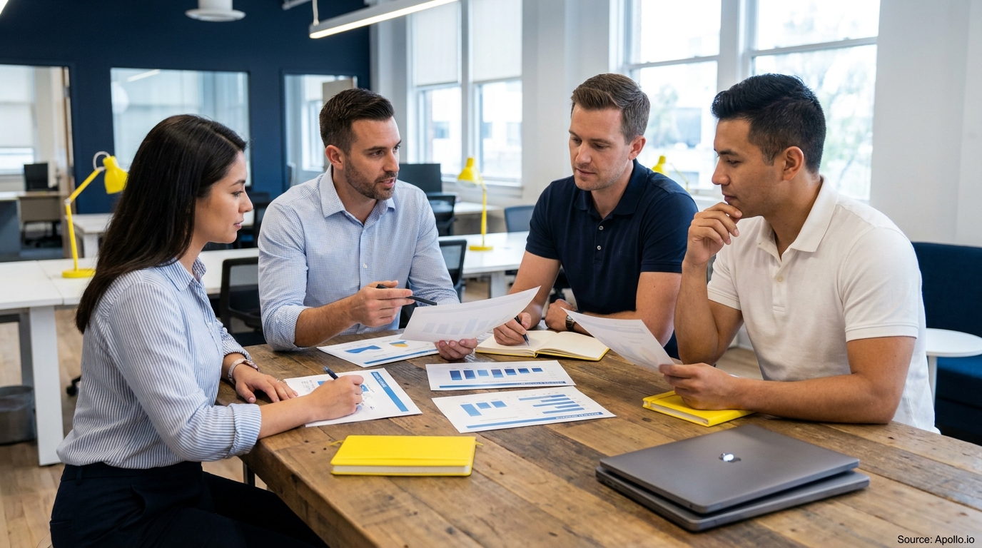 Four professionals reviewing charts and discussing at a wooden office table.