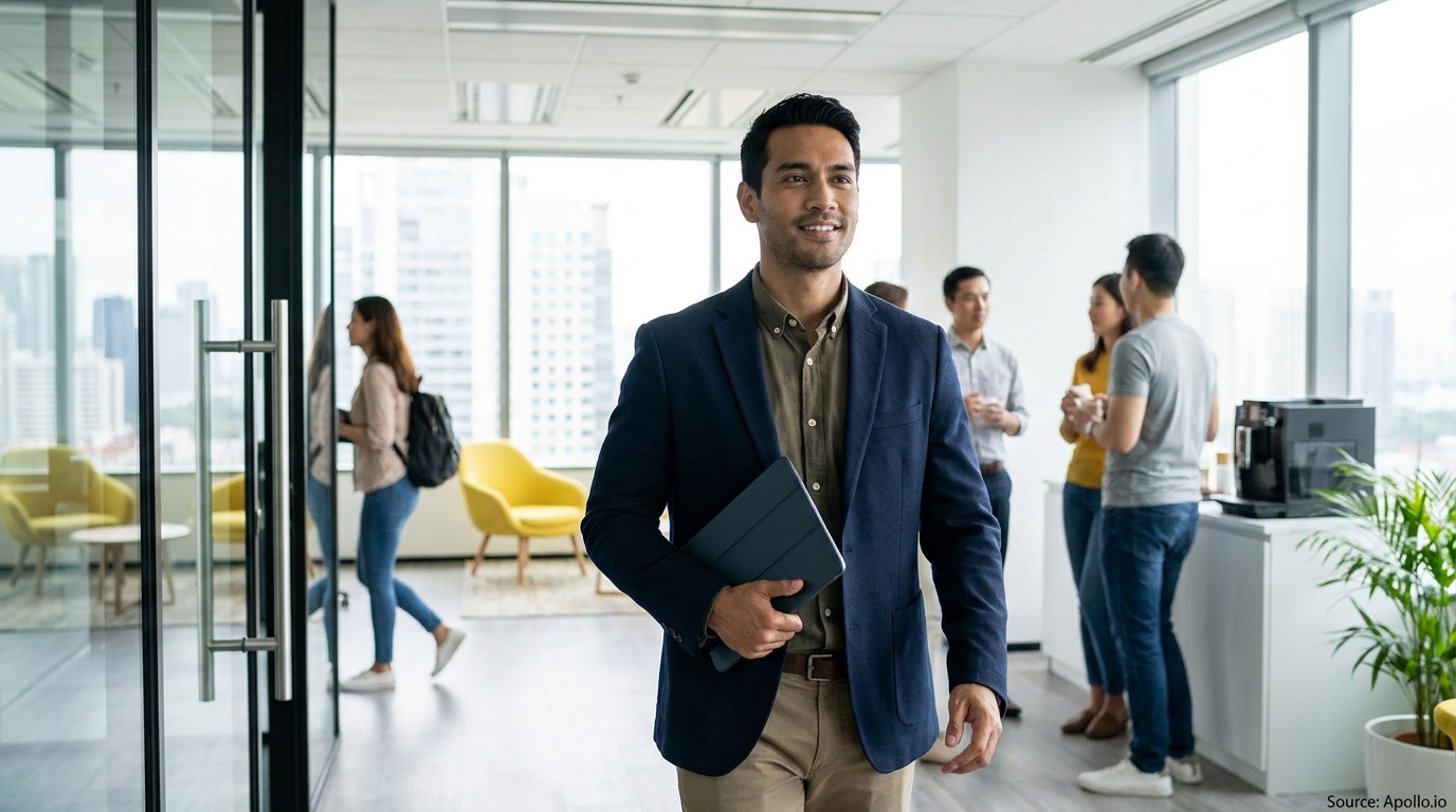 Man walks, holding a tablet, while colleagues chat and another woman walks in a bright, modern office.