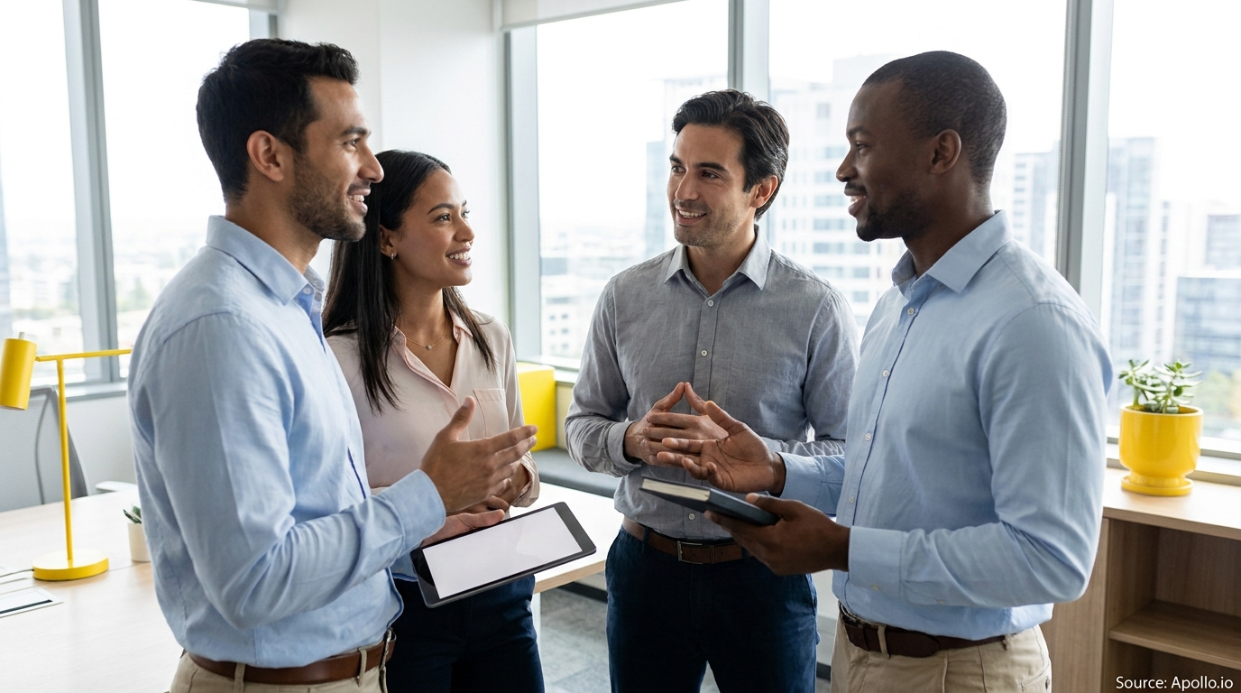 Four diverse professionals discuss, one holding a tablet, another a notebook, in a modern office.