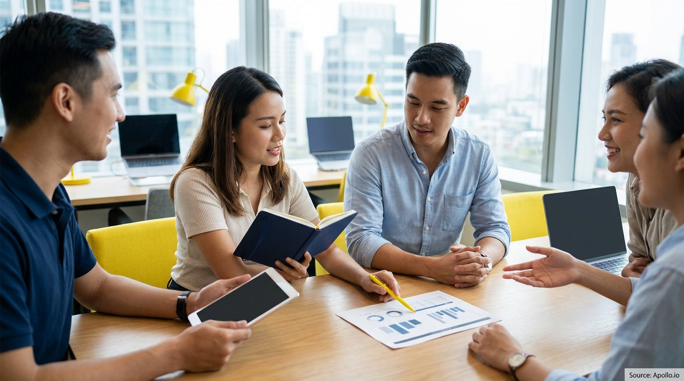 Five colleagues discuss data at a modern office table with city views.
