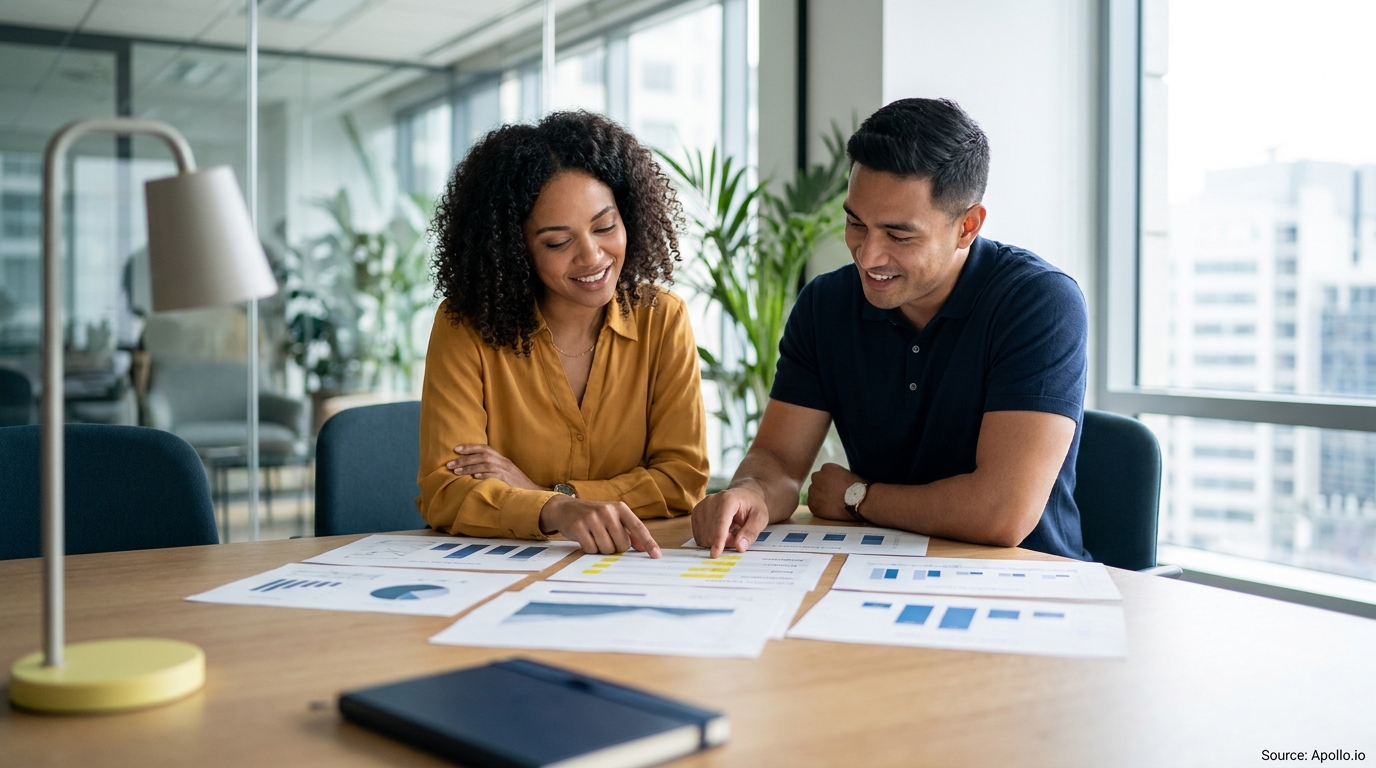 Two smiling professionals analyze data reports on an office table.