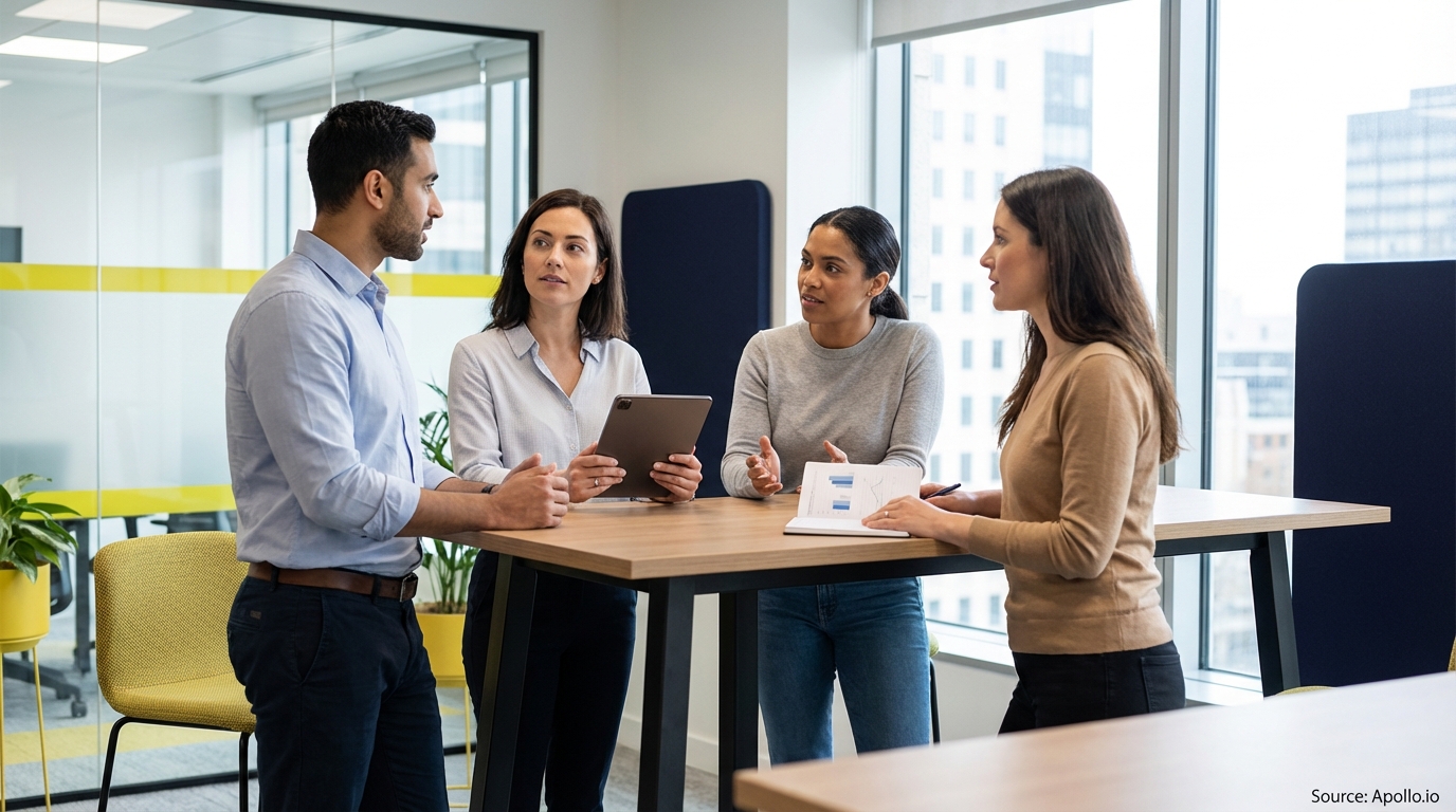 Four diverse colleagues collaborate around a modern office table with a tablet and charts.