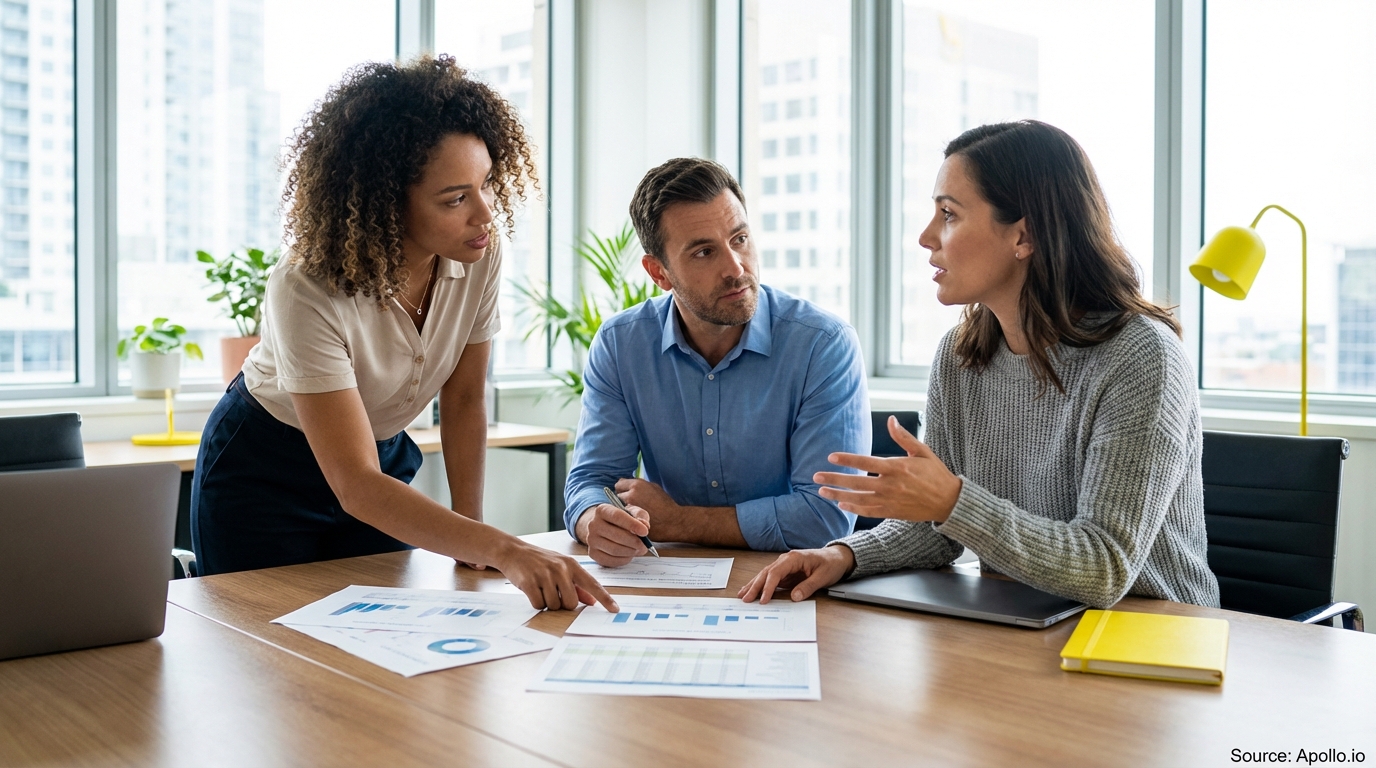 Three business professionals discuss documents and data at a modern office table.