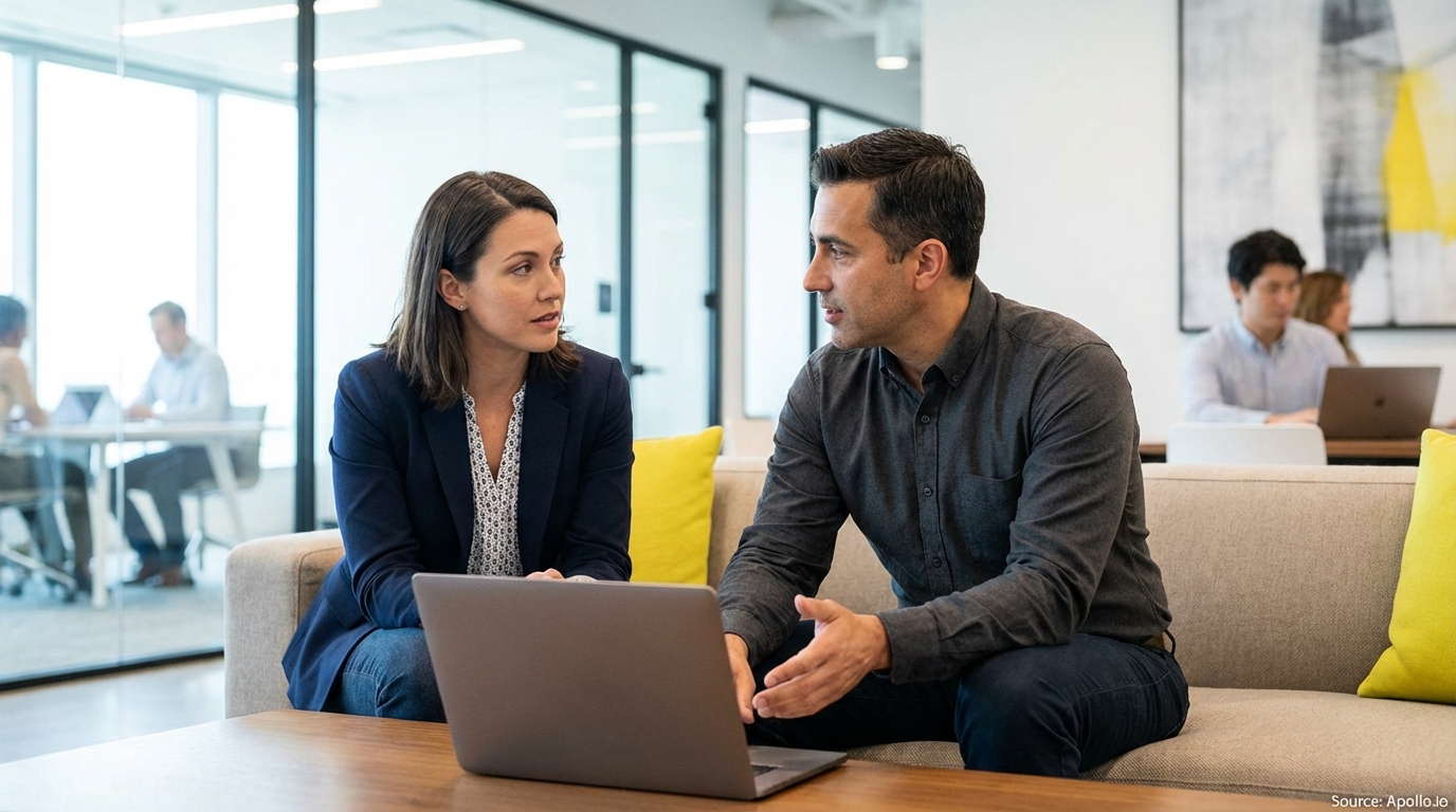 Two colleagues talk and use a laptop on a couch in a bright office.