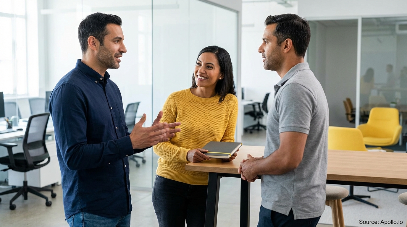 Three professionals discussing at a standing office table in a contemporary workspace.