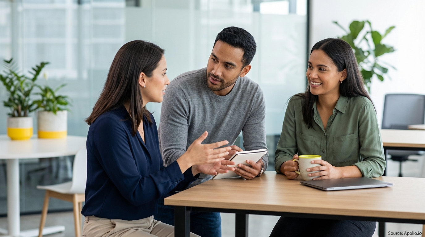 Three professionals talk at an office table; one gestures, one holds a notebook, and one holds a mug.
