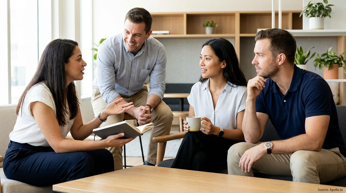 Four colleagues discuss ideas in a bright, modern office setting.