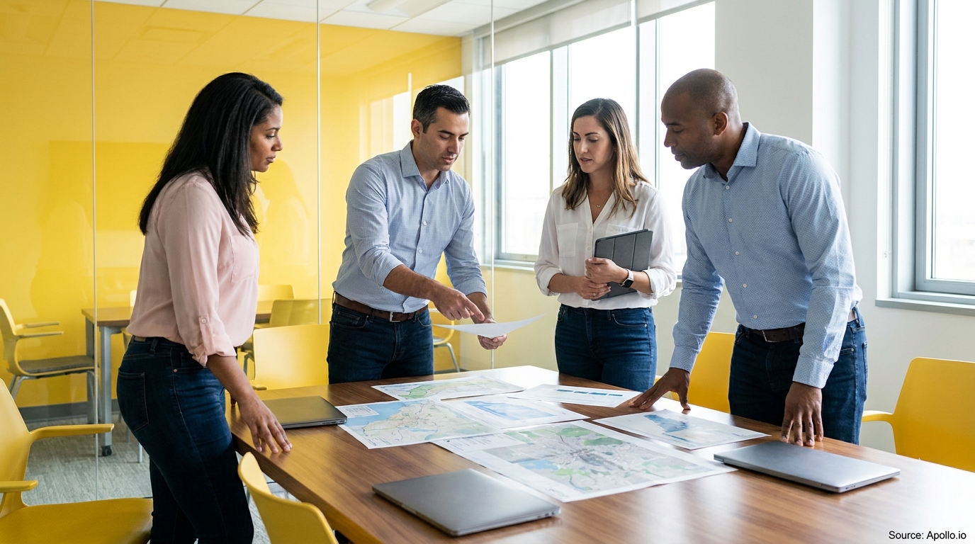 Four professionals reviewing maps and documents around a table in a modern office.