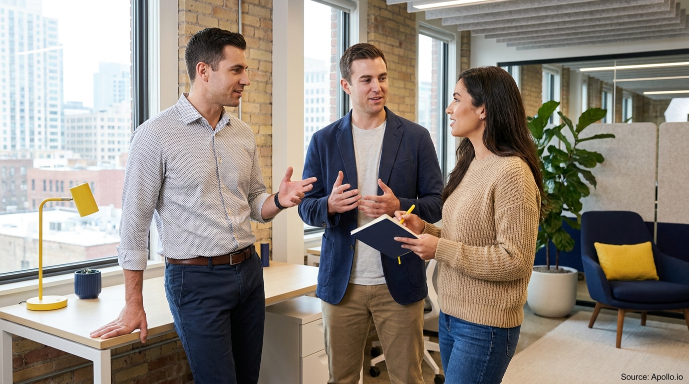 Three professionals discuss, one taking notes, in a bright, modern office.