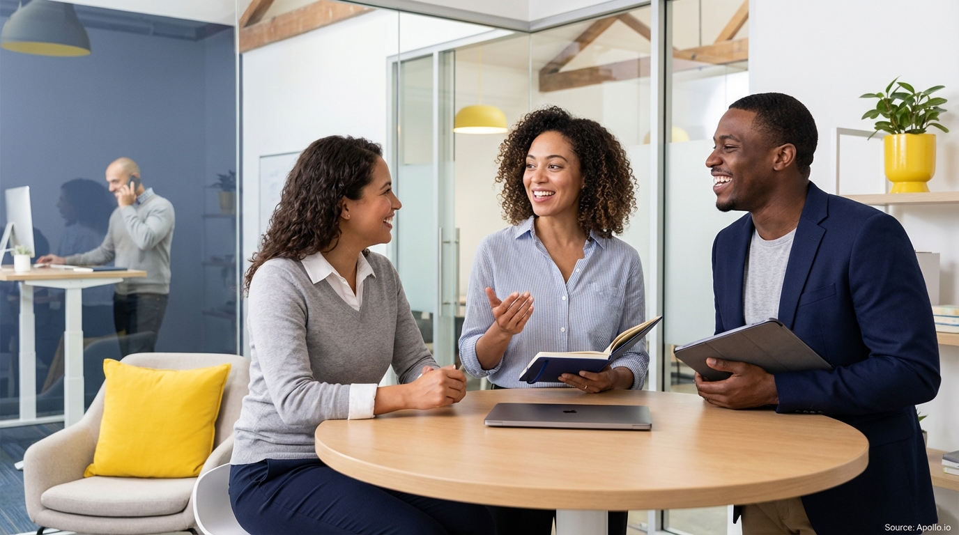 Three diverse professionals happily collaborating at an office table, another man on the phone.