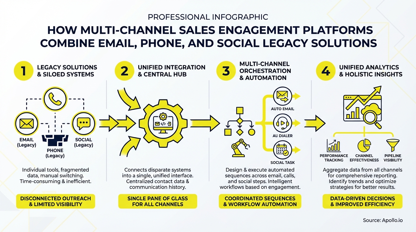 Infographic showing four steps to combine email, phone, and social legacy solutions into a unified sales platform.