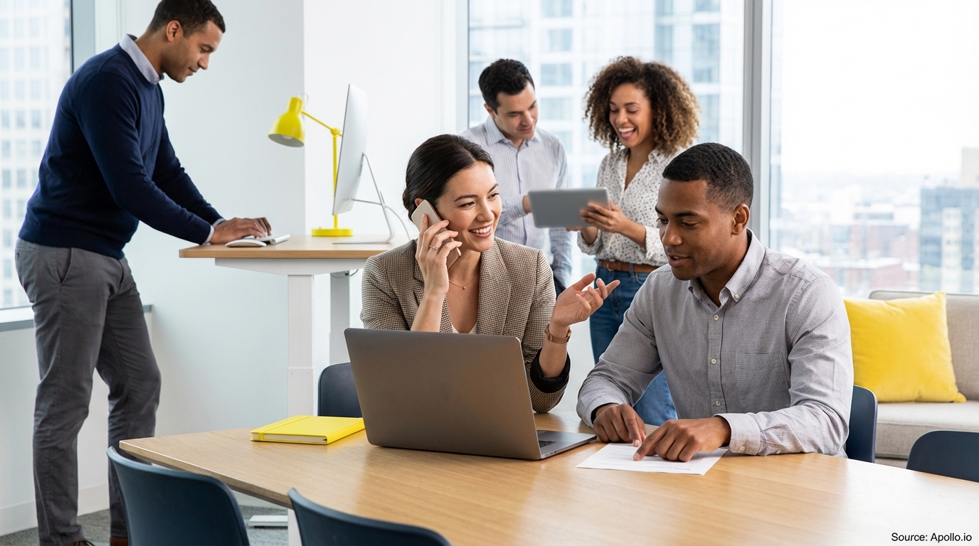 Five professionals use laptops, phones, and tablets while collaborating in an office.