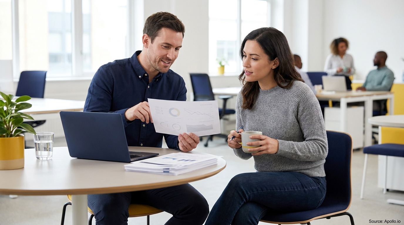 Two colleagues discuss charts on a document in a modern office.