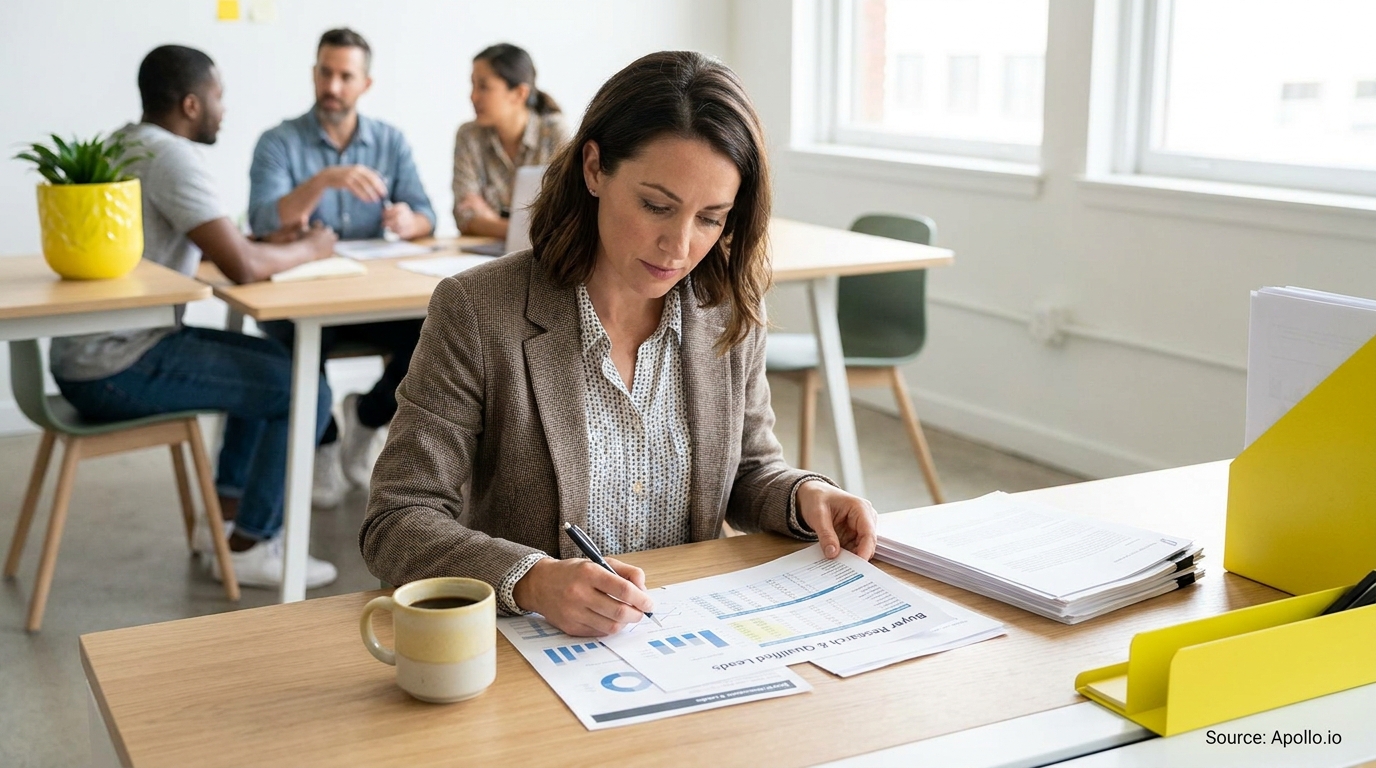 Woman reviewing data documents at a desk while three colleagues discuss in a bright office.