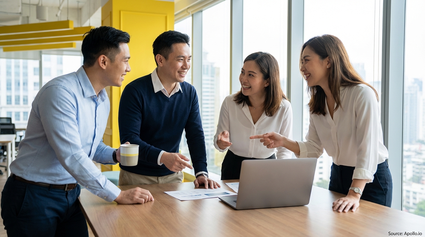 Four smiling professionals discuss documents and a laptop at a modern office table.