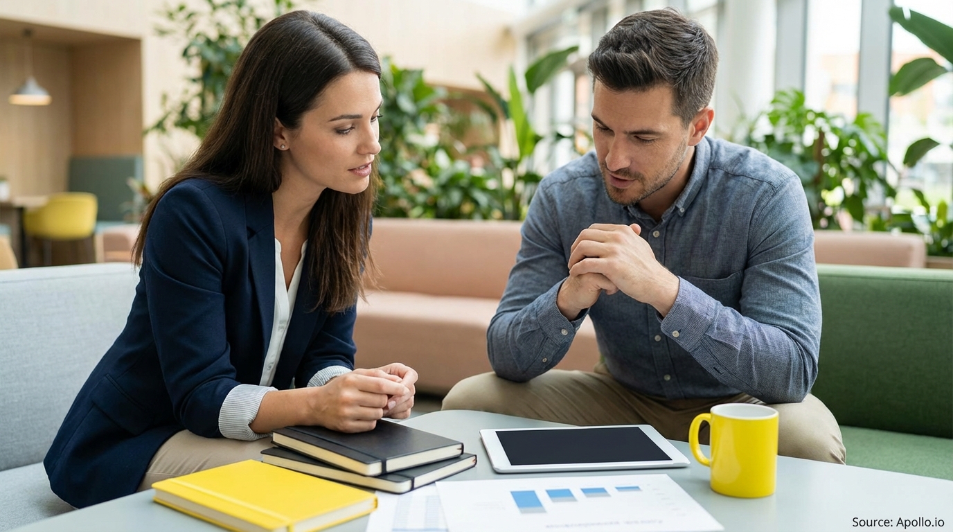Two business professionals discuss documents and a tablet in a modern office lounge.