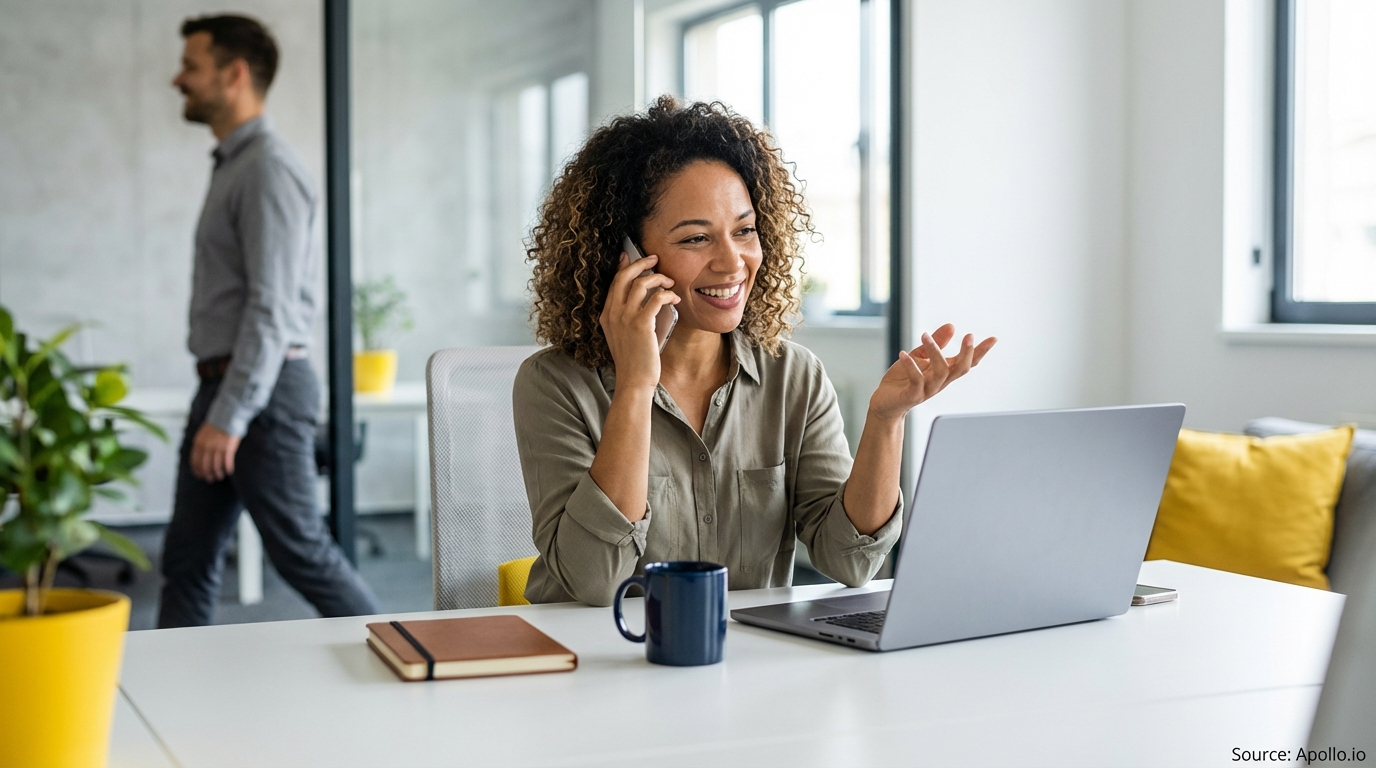 A smiling woman talks on a phone at an office desk while a man walks in the background.