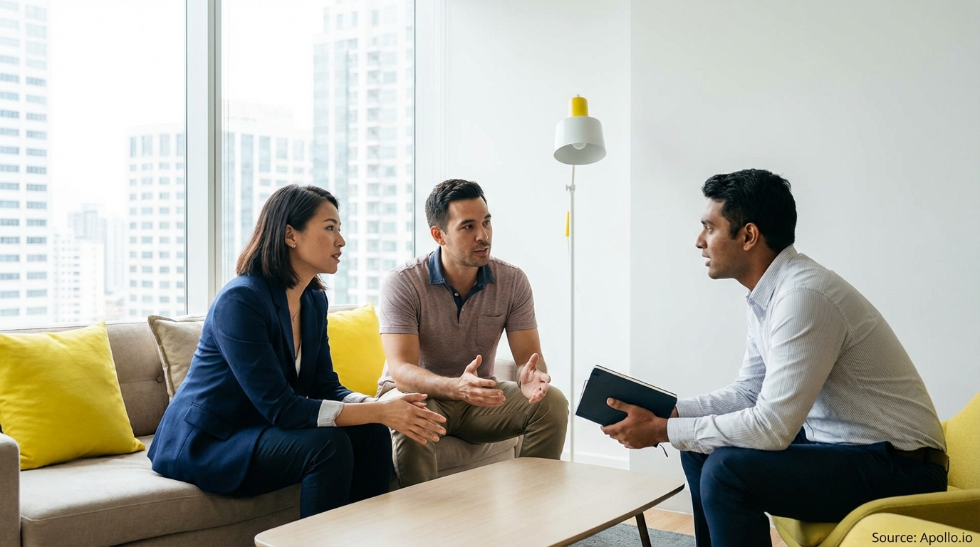 Three professionals discussing in a modern office with city views, one holding a notebook.