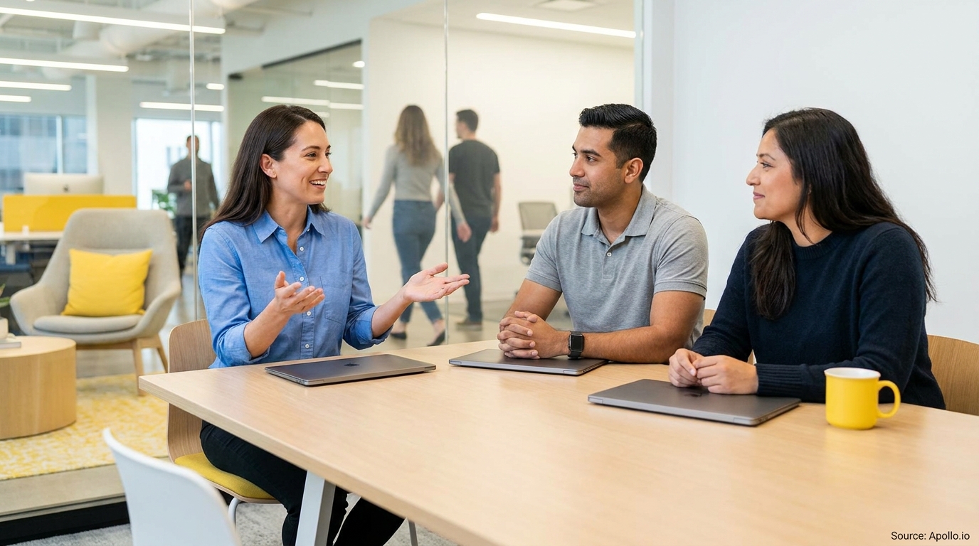 Three professionals discuss at a table with laptops in a modern office.
