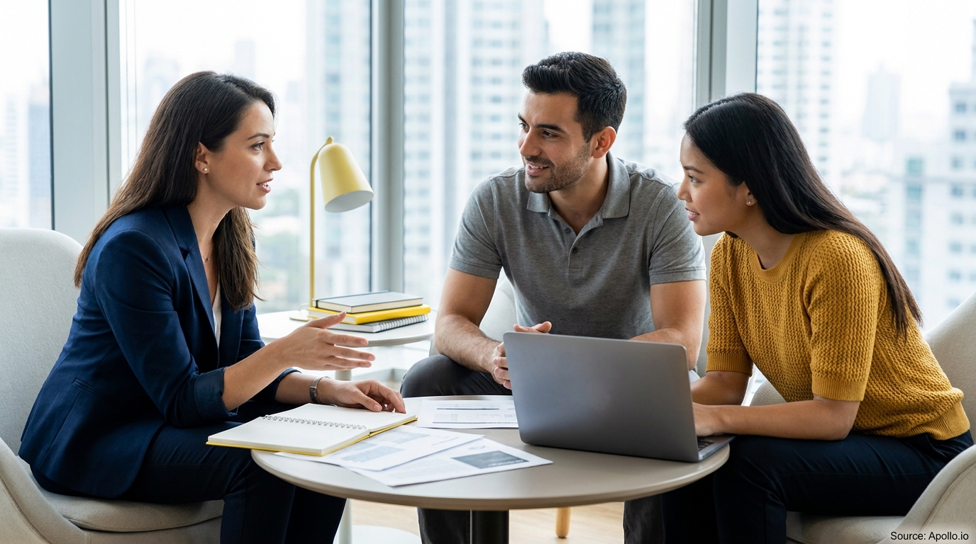 Three professionals discuss and gesture at a modern office table with a laptop.