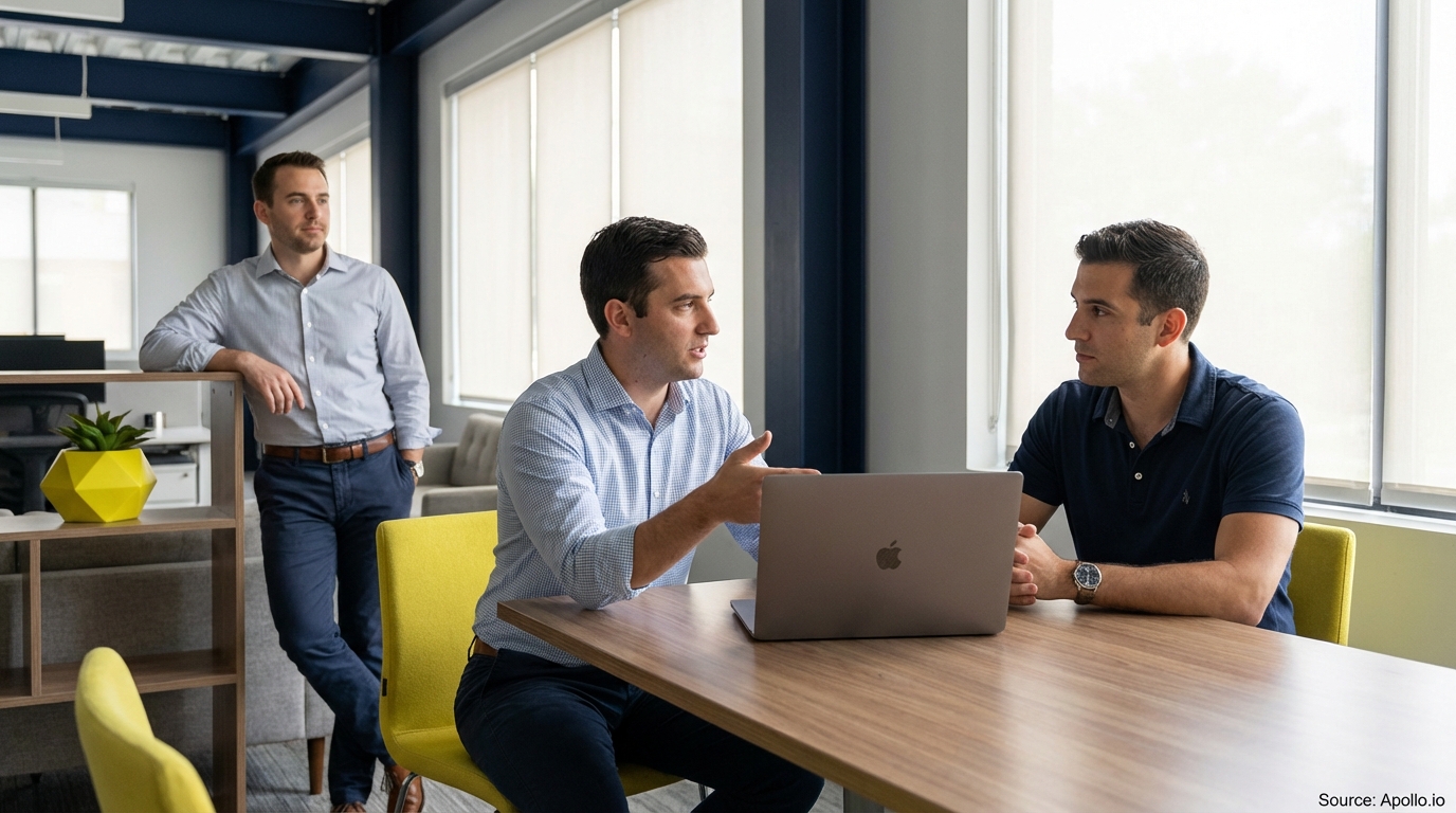 Three men discuss at a table in a modern office, one standing nearby.