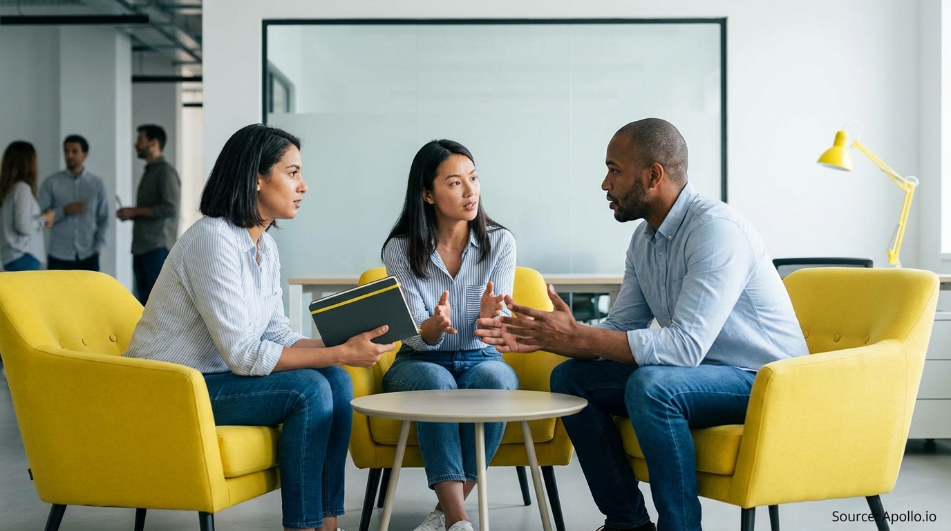 Three professionals discuss in yellow armchairs in a modern office setting.