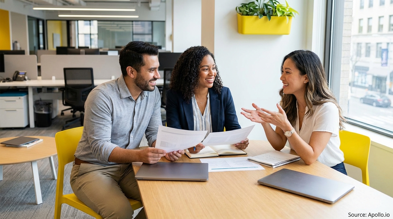 Three colleagues smile and talk while reviewing documents at a modern office table.