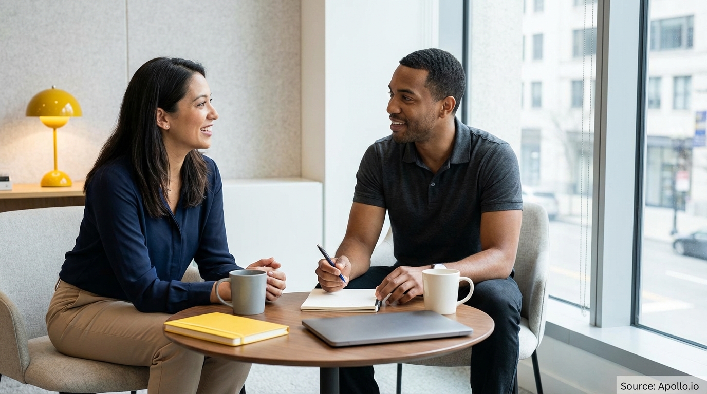 Two professionals converse at a table, one writing in a notebook, in a modern office.