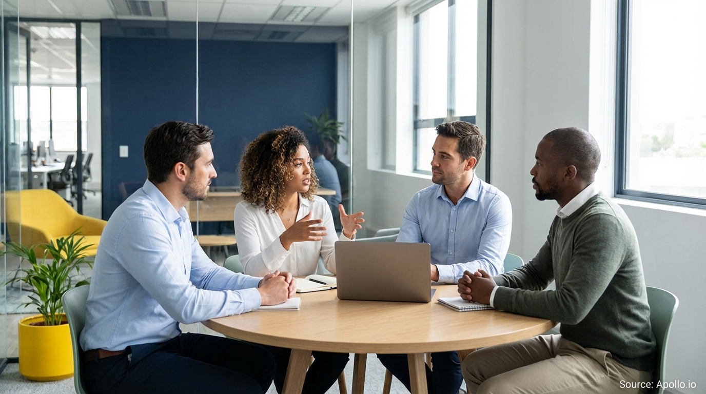 Four diverse professionals discuss strategy around a modern office table.