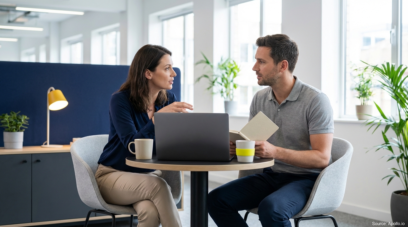 Two professionals discussing at a table with a laptop and notebook in a modern office.