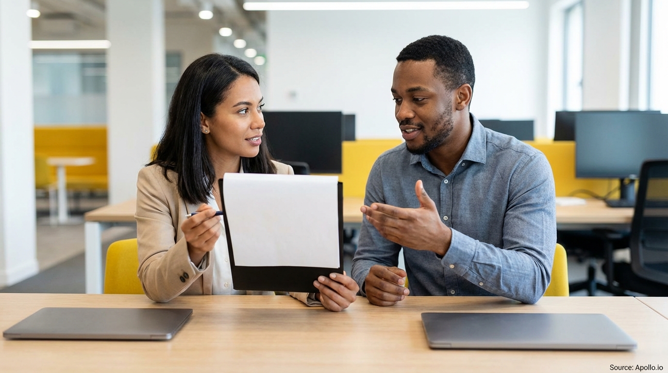 Two professionals discussing a document at a modern office table.