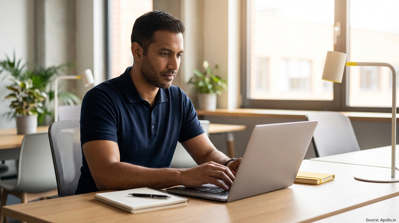 A man works on a laptop at a bright office desk with a notebook and lamp.
