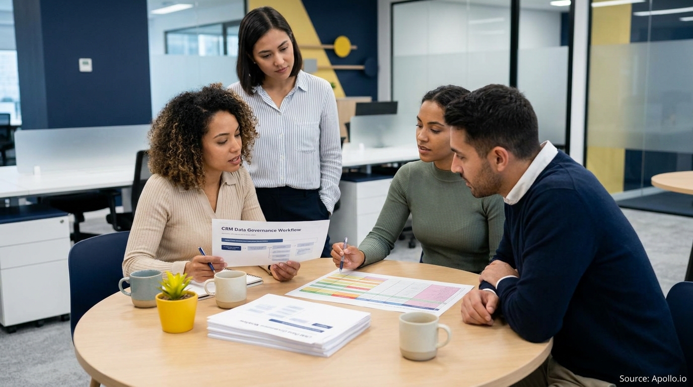Four professionals discuss documents and charts at a round table in a modern office.