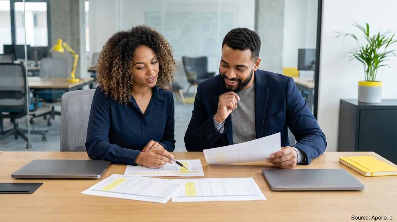 Two smiling colleagues review papers and discuss data at a bright office desk.