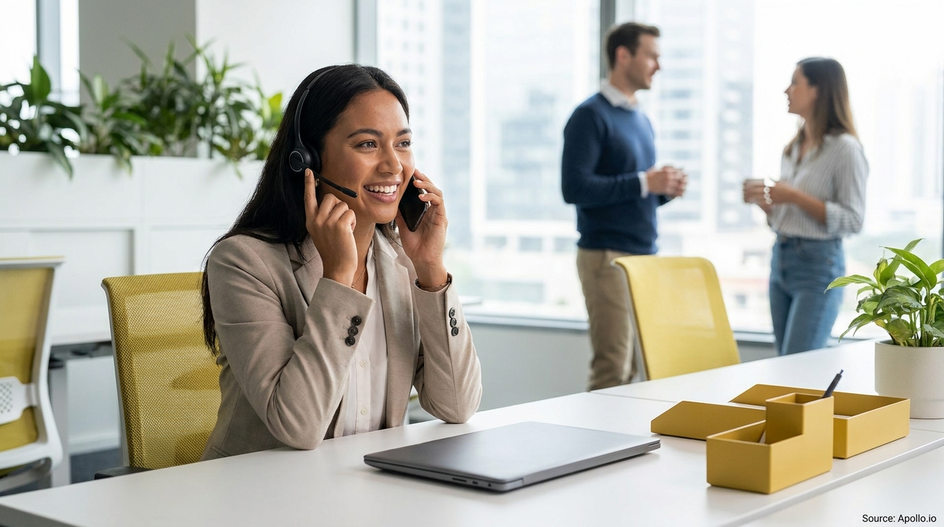 A smiling woman with a headset talks on the phone at an office desk, while two colleagues chat in the background.