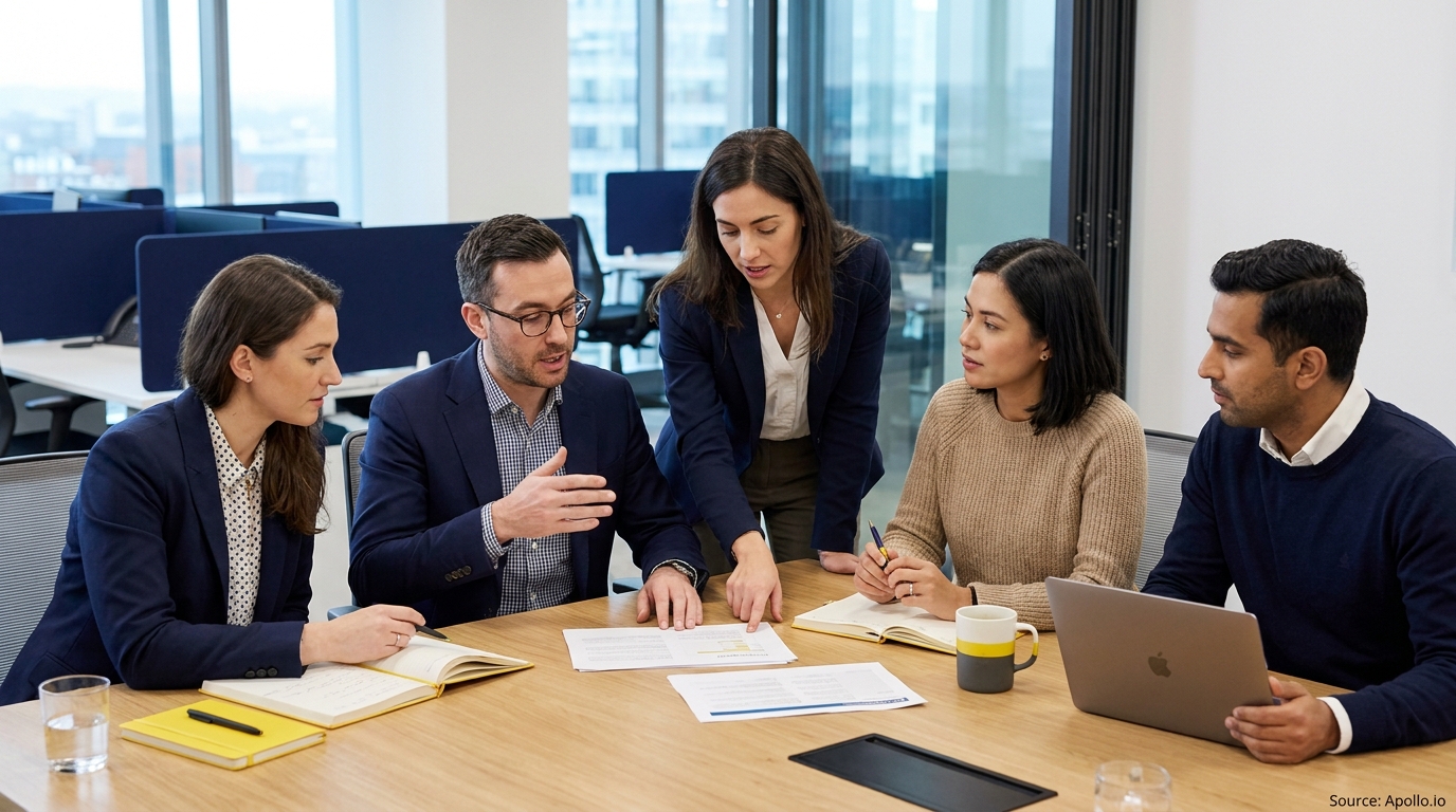 Five business professionals discuss documents and take notes at a modern office table.