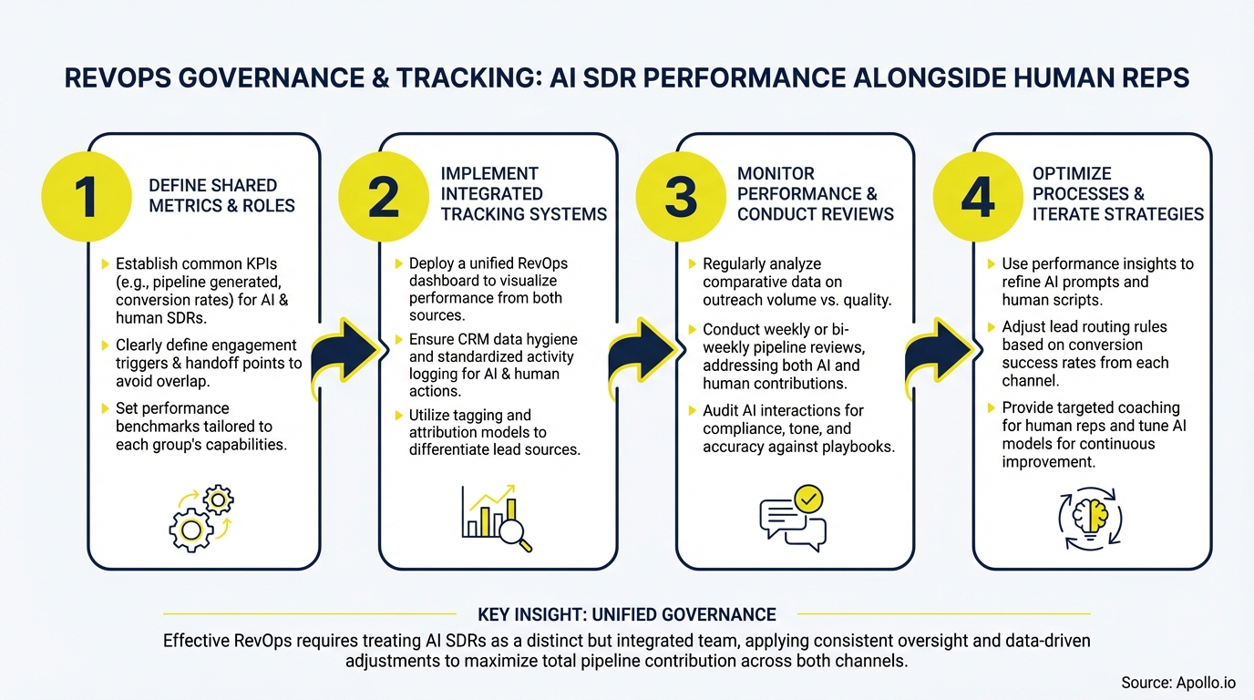 A four-step diagram details RevOps governance and tracking for AI and human SDR performance.
