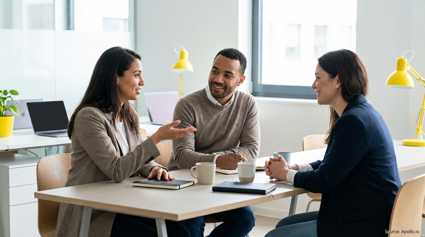 Three professionals discuss at a modern office table with notebooks and mugs.