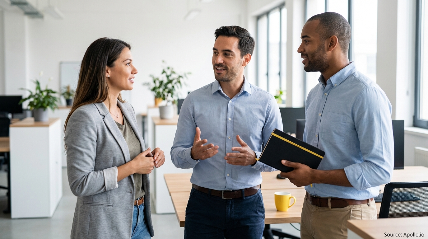 Three professionals stand and talk collaboratively in a bright, modern office.
