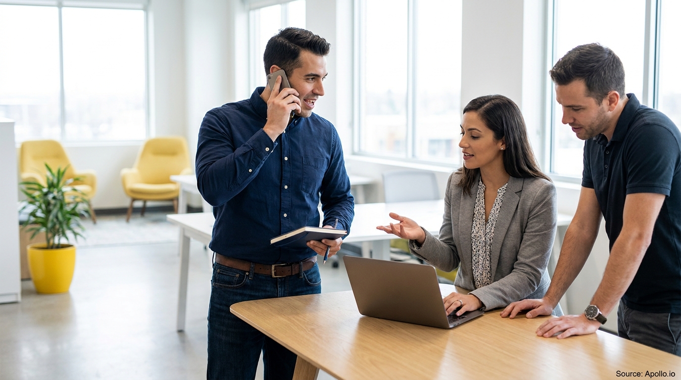 Three professionals in a modern office, two collaborate on a laptop while one talks on the phone holding a notebook.