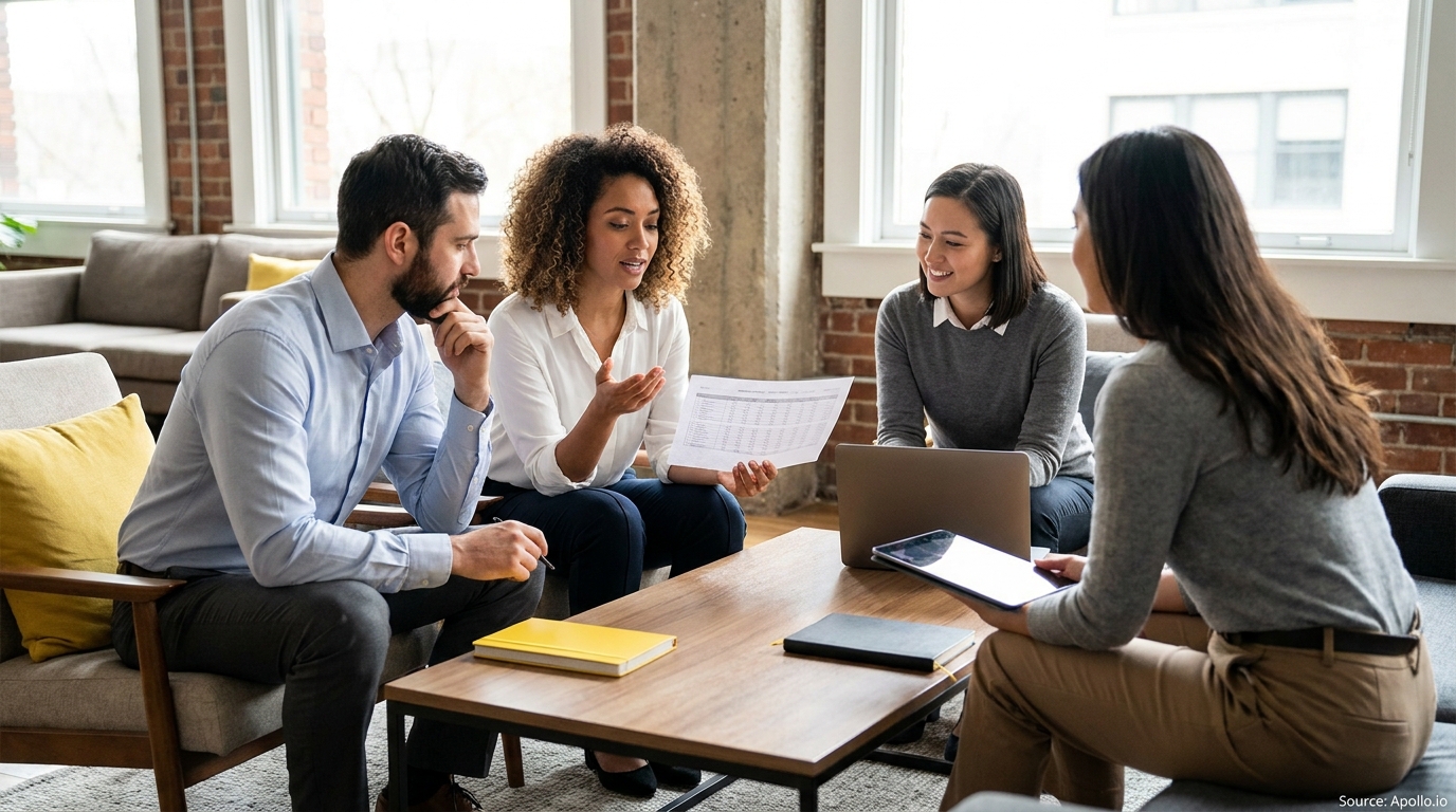 Four professionals discuss documents and ideas around a coffee table in a modern office.